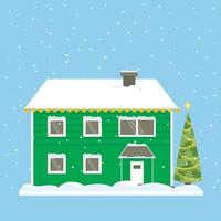 grönt tvåvåningshus. hem för grönland, island, nordpolen, holland. snötäckt tak och fönster, nyårs exteriör. julgran på gården vektor