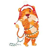 süßer Cartoon gestreifter roter Tiger. ein tiger mit weihnachtsmütze und einer girlande zwinkert und flirtet. Drucken von T-Shirts, Karten, Postern für Kinder. Hand gezeichnete Vektorvorratillustration lokalisiert auf Weiß. vektor