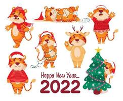 süßer Tiger. farbige chinesische tiger, symbol des neuen jahres 2022, vektorflacher karikatursatz. Tier 2022, asiatisches Raubtier, Dschungelbestie. weihnachtsmütze, weihnachtsbaum, eine girlande, schläft, freut sich, frohes neues jahr vektor