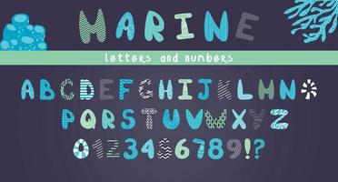 vektor roliga komiska marina alfabetet och siffror på en blå bakgrund i tecknad stil. ljusa moderna illustrationer för barn, barnkammare, affisch, vykort, födelsedag, omslagspapper design, baby t-shirts.