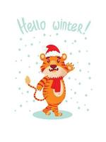 gratulationskort med inskriptionen hej vinter med en söt kinesisk tiger, symbolen för det nya året. platt stil. en tiger i nyårsmössa och en röd halsduk jublar och ler och viftar med tass vektor