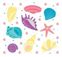 uppsättning havssnäckskal. pastellfärger, lila, gul, turkos, blå, rosa. strand, semester, vila. tecknad platt stil, barnrum vektor