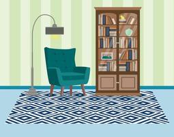 vardagsrum med fåtölj, bokhylla, matta och golvlampa. mysig inredning. vektor