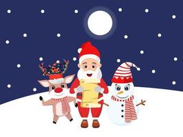 süßer schöner Weihnachtsmann-Charakter und Rentier-Schneemann-Charakter, der mit Plakat auf Schneefeldern auf nahem Hintergrund steht vektor