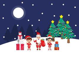 süßer schöner Kinderjunge und -mädchencharakter und Weihnachtsmann, der mit Geschenkboxen auf Schneefeldern auf nahem Hintergrund mit Bäumen steht vektor