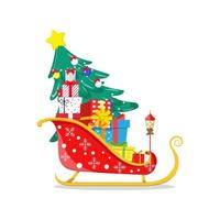 schöner Weihnachtsmann-Schlitten mit voller Geschenkboxen und Weihnachtsbaum vektor