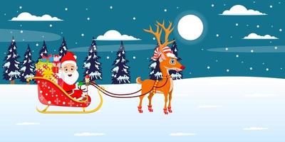 süßer schöner Weihnachtsmann-Charakter, der mit Schlitten mit Rentieren auf Schneefeld-Nachthintergrund steht, mit Mondbäumen Nachthimmel, Schnee fällt mit Geschenkboxen isoliert vektor