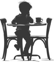 silhuett liten pojke Sammanträde på en tabell i de Kafé svart Färg endast vektor