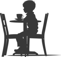silhuett liten pojke Sammanträde på en tabell i de Kafé svart Färg endast vektor