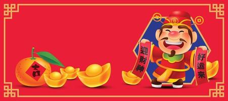 kinesiskt nyår 2022 tema med tomt utrymme för hälsningstext. tecknad gud av rikedom håller kinesisk rulla med några guldtackor och mandariner på marken i röd bakgrund. tecken vektor