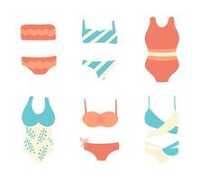 einstellen von Frauen Schwimmen Stämme. ein Stück, zwei Stück Badeanzüge und Bikinis von verschiedene Typen. Element von Mädchen Kleiderschrank. Muster sind gestreift, wellig, tropisch Geäst. eben Stil. Illustration vektor