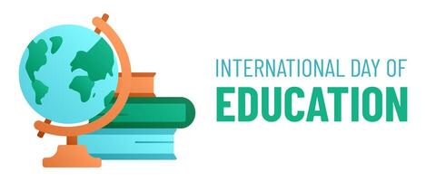 International Tag von Bildung mit Globus, Bücher. Stapel von Lehrbücher. Wörterbuch, Enzyklopädie. lernen, Wissen. Schule Urlaub. horizontal Glückwunsch Banner. Gradient Farben. Illustration vektor