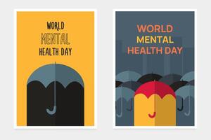 Regenschirme sind mögen Personen. Welt mental Gesundheit Tag Gruß Karten. Vor, nach Behandlung. Konzept von positiv, Negativ Ausblick. verteidigen Ihre Grenzen. Sammlung von Postkarten. Illustration vektor