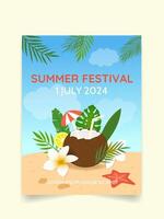 sommar festival inbjudan affisch, affisch med cocktail och tropisk löv vektor