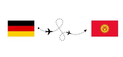 Flug und Reise von Deutschland nach Kirgisistan mit dem Reisekonzept des Passagierflugzeugs vektor