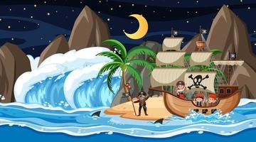 Insel mit Piratenschiff bei Nacht Szene im Cartoon-Stil vektor