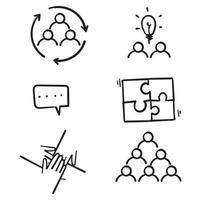 handgezeichnete einfache Reihe von Teamarbeitsbezogenen Vektorliniensymbolen. enthält Symbole wie Zusammenarbeit, Zusammenarbeit, Teambesprechung.doodle vektor