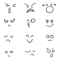 handritade tecknade ansikten. uttrycksfulla ögon och mun, leende, gråtande och förvånade ansiktsuttryck. karikatyrkomiska känslor eller uttryckssymbol doodle. vektor