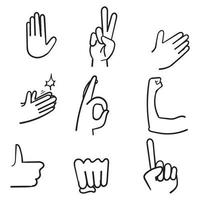 Doodle alle Hand-Emojis-Gesten-Vektor-Icons gesetzt. Bizeps, Faust, gefaltete Hände, Sieghand-Emojis. Emoticon Geste Illustrationen Cartoon-Stil vektor