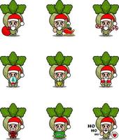 Vektor-Cartoon-Figur niedliches Kohlrabi-Gemüse-Maskottchen-Kostüm-Set Weihnachtsbündel vektor