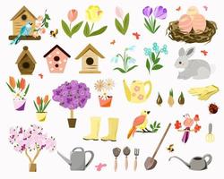 Frühlingsset mit Vögeln und Blumen und Gartenarbeit vektor