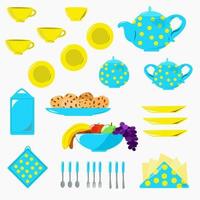 Set blaues Geschirr mit gelben Tupfen zum Teetrinken vektor