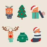 Set von Weihnachtskatzen in Weihnachtsmützen in verschiedenen Posen, Hirsche mit Girlanden auf den Hörnern. Vektorillustration im flachen Stil vektor