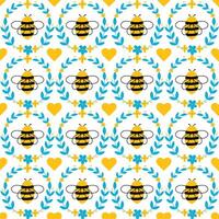 süß hell nahtlos Muster Bienen, Blumen und Herzen. eben Hand gezeichnet Design Illustration bunt und glücklich vektor