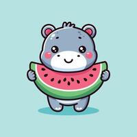 söt illustration av flodhäst och vattenmelon vektor