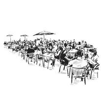 teckning av upptagen restaurang med människor Sammanträde och äter vektor