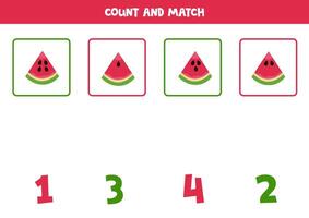 räkning spel för ungar. räkna Allt vattenmelon frön och match med tal. kalkylblad för barn. vektor