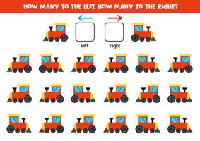 vänster eller rätt med söt tecknad serie leksak tåg. logisk kalkylblad för förskolebarn. vektor