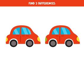 finden 3 Unterschiede zwischen zwei süß Karikatur Spielzeug Autos. vektor