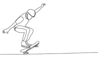 skateboarder ett linje kontinuerlig. man på skateboard linje konst. hand dragen konst. vektor