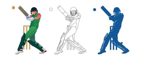 uppsättning av en slagman spelar cricket på de fält illustration, linje konst och silhuett vektor