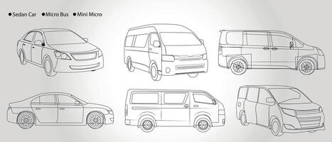 carline ritningar uppsättning av buss, sedan, minibus, mikro, mini mikro hand dragen bil vektor