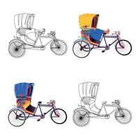 uppsättning av färgrik riksha illustrationer bangladeshiska riksha konst tri cykel av dhaka stad vektor