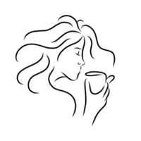 Linie Kunst Zeichnung. abstrakt Porträt von jung Frau mit Tasse von Kaffee. Illustration. Frau mit Kaffee Becher minimal Logo vektor