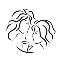 abstrakt Porträt von zwei jung Frauen mit Tasse von Kaffee. Linie Kunst Mädchen Zeichnung. Illustration. Freundinnen mit Kaffee Becher. Cafe minimal Logo vektor