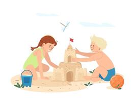 glücklich Kinder spielen auf Strand Sand Strand isoliert eben Illustration. Karikatur Kinder Gebäude Sand Schloss zusammen. Sommer- Aktivität und Kindheit Konzept. Junge und Mädchen genießen Strand ausruhen. vektor