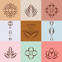 uppsättning av yoga ikoner mallar och avslappning symboler i översikt stil. samling av ritad för hand yoga grafisk design element för spa Centrum eller yoga studio i linje konst stil vektor