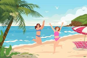 tropisch Strand Panorama- Aussicht mit Palme Bäume und Felsen auf das Strand. glücklich Mädchen Springen oben auf Strand. fröhlich Frauen im Bademode, aufgeregt Über Sommer- Urlaub. eben vektor