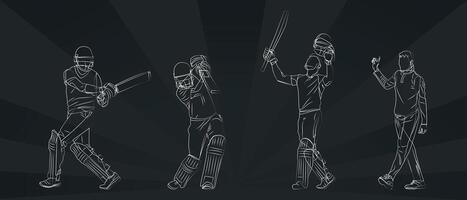 uppsättning av slagman spelar cricket linje konst i svart bakgrund illustration vektor