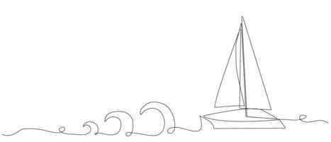 ein Segelboot auf Meer Wellen, ein Boot, ein Tablett. Hand Zeichnung im das Stil von einer kontinuierlich Linie. sich ausruhen auf das Wasser. vektor
