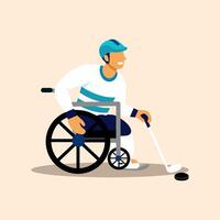 tecknad serie illustration av en person använder sig av en rullstol spelar fält hockey. para idrottare paralympisk spelar hockey. vektor