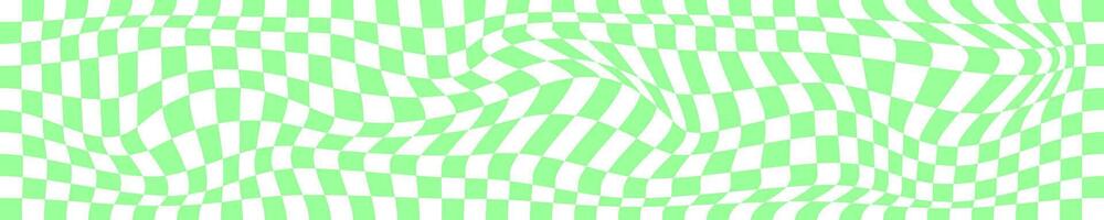 häftig trippy rutnät textur. förvrängd schackbräde bakgrund. rutig optisk illusion. psychedelic mönster med skev grön och vit rutor. varp checkerboard yta. vektor