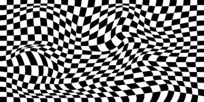 förvrängd schack styrelse bakgrund. rutig optisk illusion. psychedelic mönster med skev svart och vit rutor. lopp flagga textur. trippy checkerboard yta. vektor