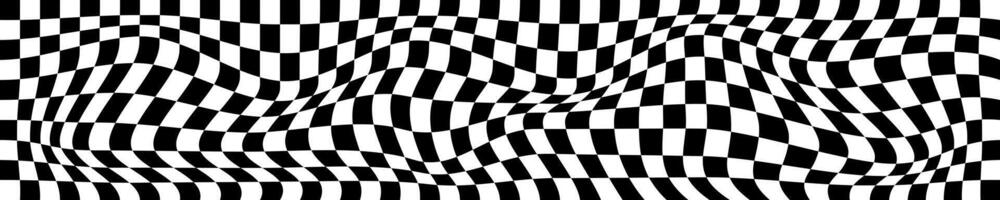 psychedelic horisontell mönster med skev svart och vit rutor. förvrängd schack styrelse bakgrund. hypnotiserande rutig optisk illusion. lopp flagga textur. trippy checkerboard yta. vektor