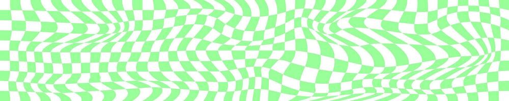 psychedelic mönster med skev grön och vit rutor. förvrängd schack styrelse bakgrund. rutig optisk illusion. galen geometrisk design. trippy checkerboard yta. vektor