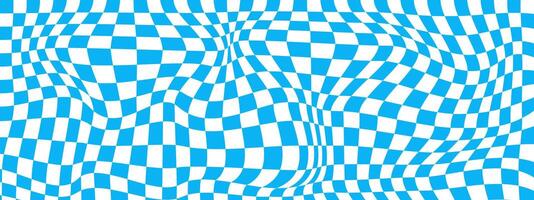 psychedelisch Muster mit verzogen Blau und Weiß Quadrate. verzerrt Schach Tafel Hintergrund. kariert optisch Illusion Wirkung. trippy Schachbrett Textur. vektor